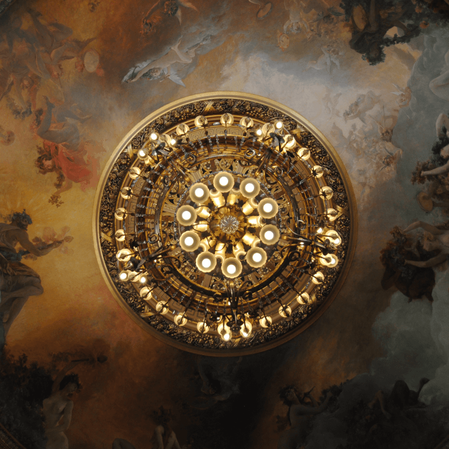 Abstract art of a vaulted ceiling with a vault like circular center