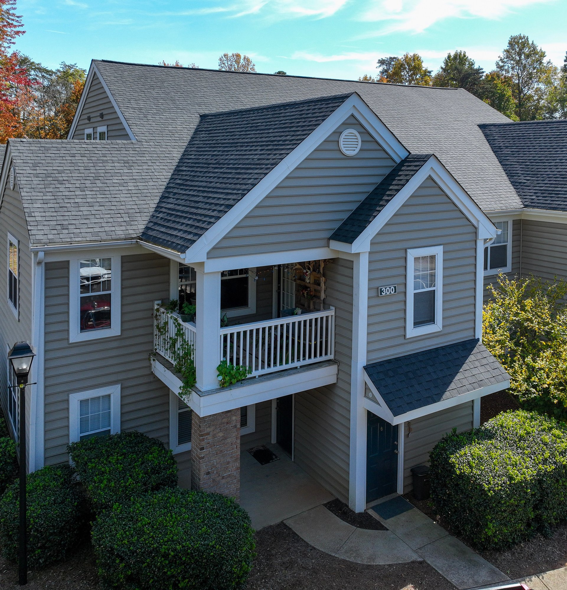 Apartment building with shrubs